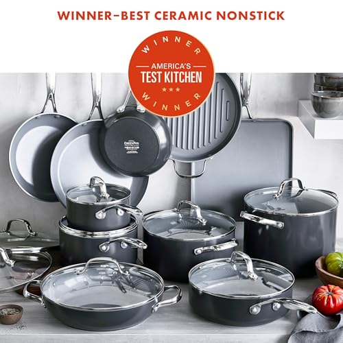 GreenPan 22 Piece Valencia Pro Ceramic Nonstick Cookware Set, PFAS-Free, Induction Ready, Hard Anodized Pots & Pans with Lids, Compatible on All Cooktops, Dishwasher & Oven Safe, Gray