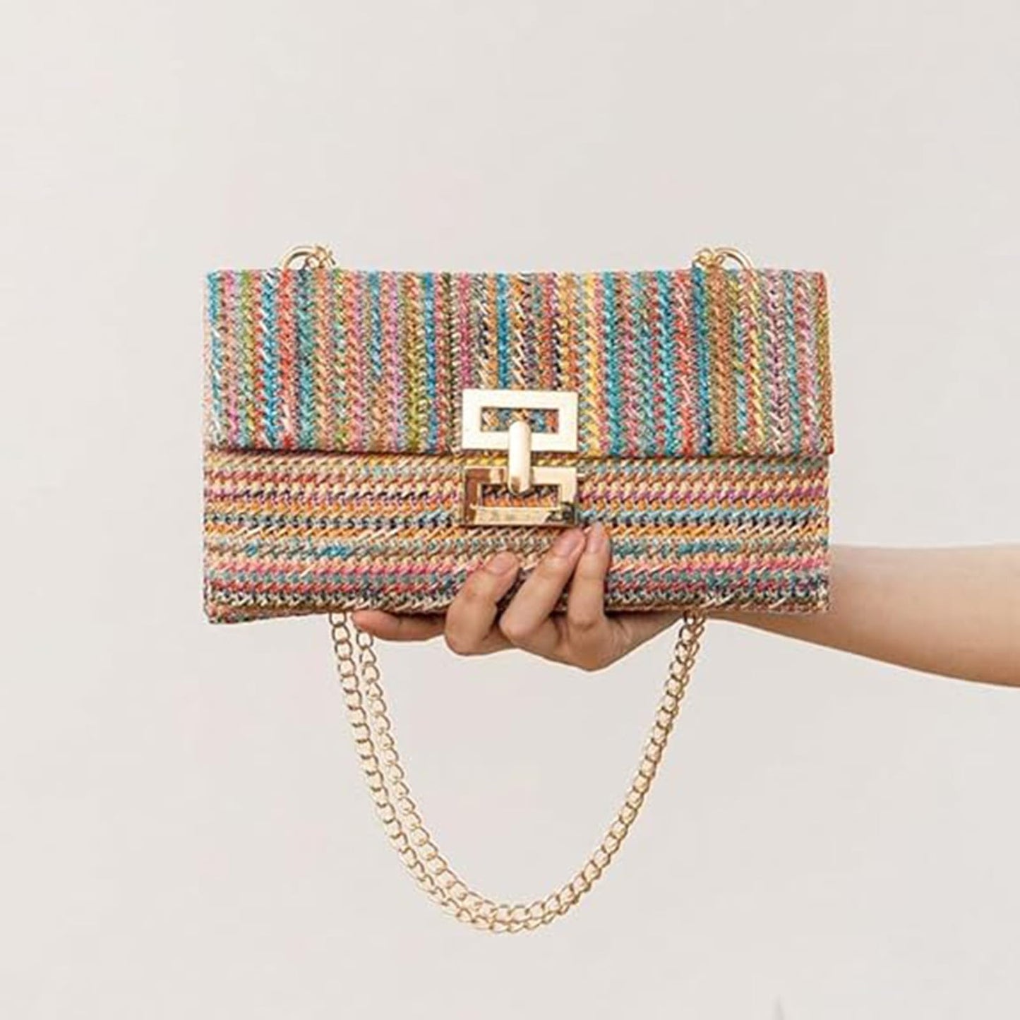 FantasyBear Summer Straw Cluth for women,Rattan Handbags for Women Wicker Purses for Vacation Beach (Multicolour With Chain)
