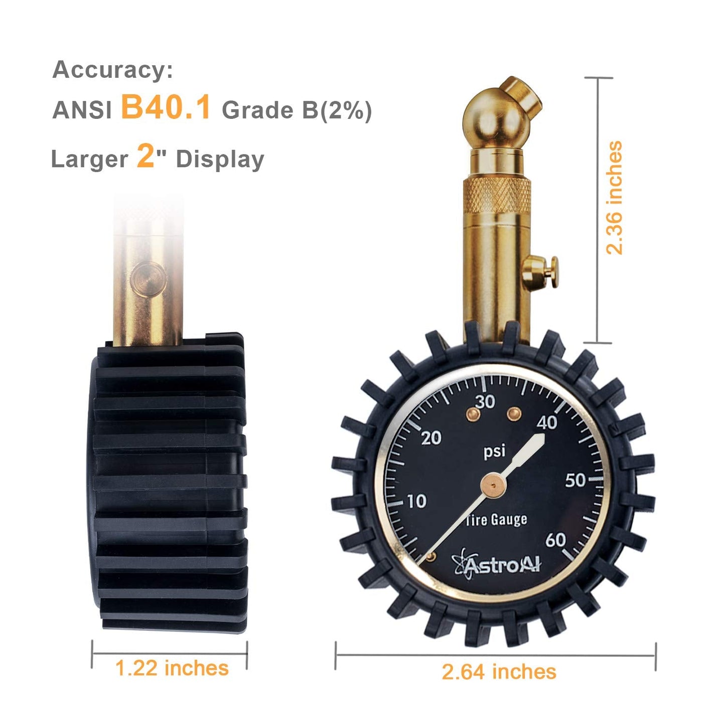 AstroAI Tire Pressure Gauge 0-60 PSI, Large 2" Easy Read Glow Dial Tire Gauge, Certified ANSI B40.1 Accurate, Compatible for Bicycle, Car, SUV, Truck & Motorcycle