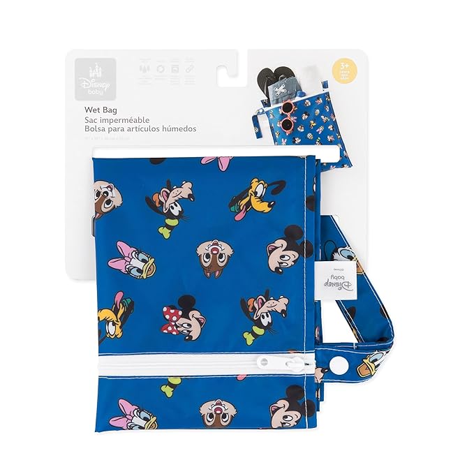 Bumkins Disney Waterproof Wet Bag for Baby, Travel, Swim Suit, Cloth Diapers, Pump Parts, Pool, Beach, Gym Clothes, Toiletry, Hook to Stroller, Daycare, Zipper Reusable Wetdry, Mickey and Friends Blue