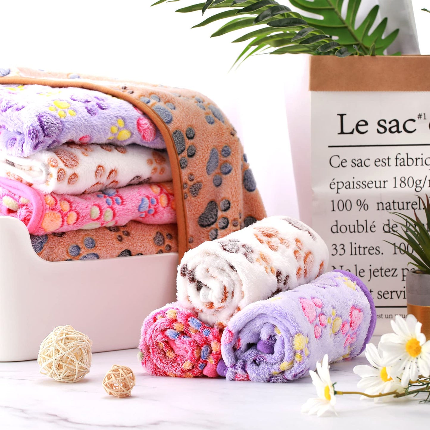 Tatuo 4 Pcs Dog Blanket for Pet Puppy Teething Toys Paw Print Fleece Blanket for Pet Cat Soft Warm Sleep Mat Guinea Pig Cage Mat(Small(24 x 16 Inch),White, Coffee, Pink, Purple)