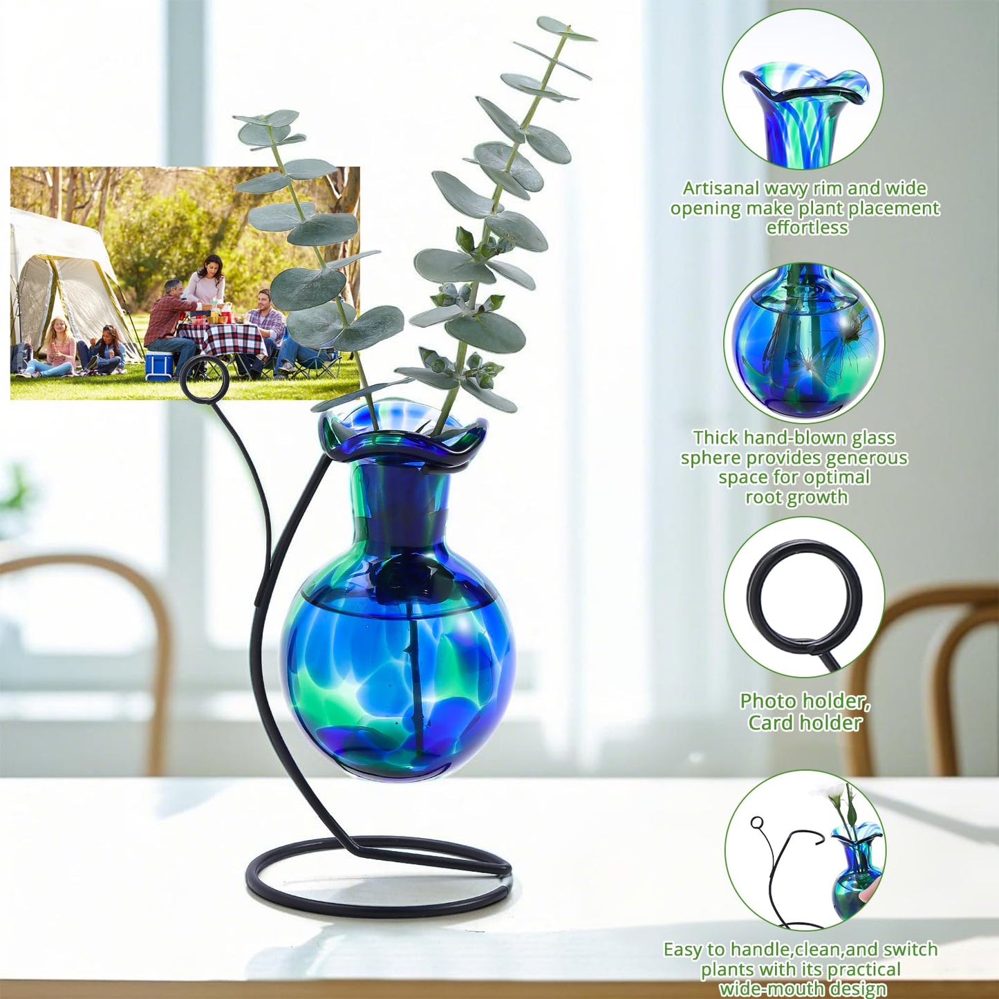 Pozfun Hand Blown Glass Plant Propagation Station with Metal Stand and Photo Holder,Tabletop Plant Terrarium for Propagating Hydroponic Office Garden Home Decor, Gifts for Women Plant Lover