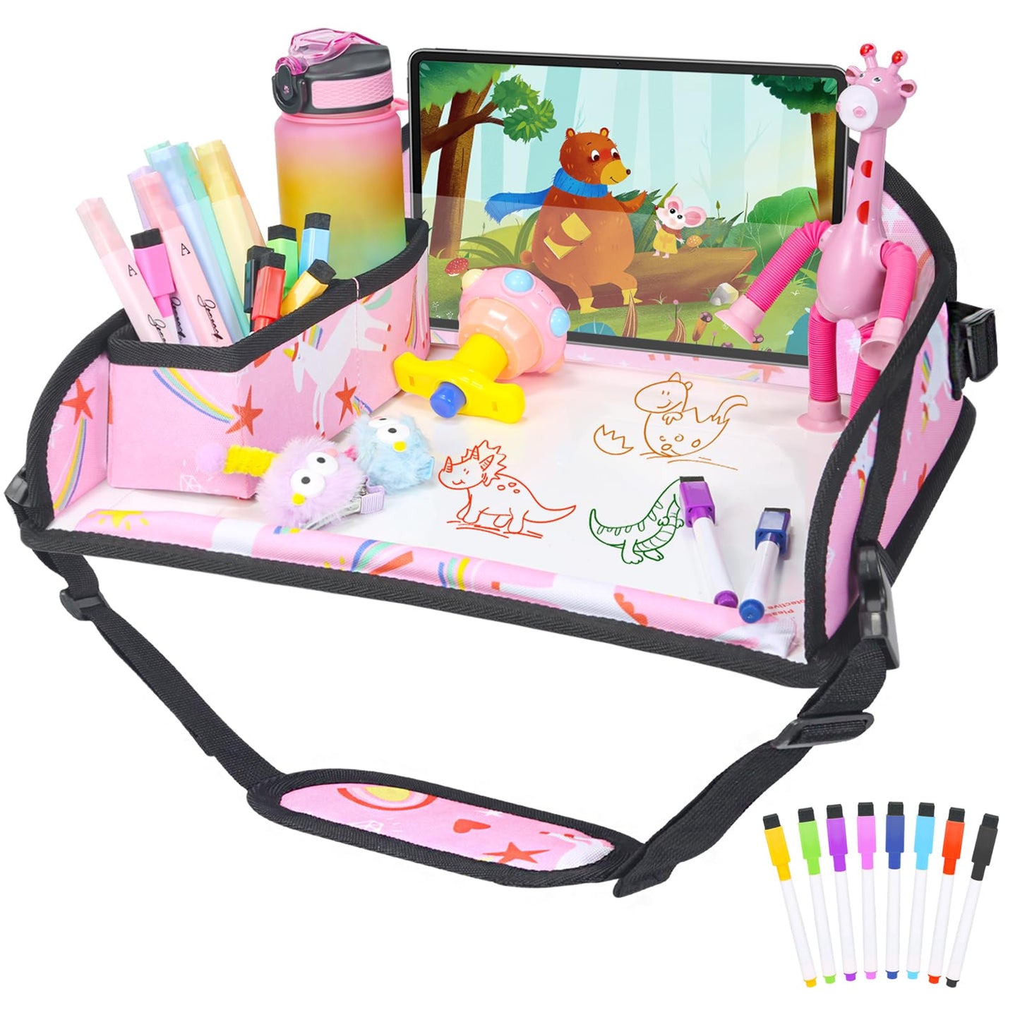 Upgraded Kids Travel Tray for Airplane - Toddler Car Seat Table Tray, Road Trip Essentials for Boys & Girls, Carseat Lap Desk for Kids Road Trip Activities, Black