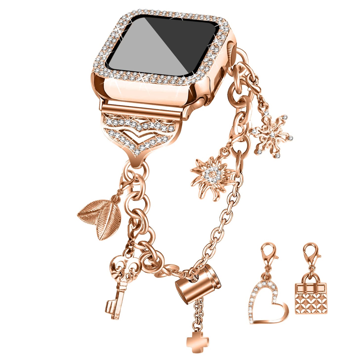JOYOZY Band Compatible with Apple Watch 38mm 40mm 41mm 42mm 44mm 45mm 46mm, Bling Strap with Glitter Case Built-in Screen Protector, Interchangeable Charms Dressy Bracelet for Women (Rose Gold 42mm)