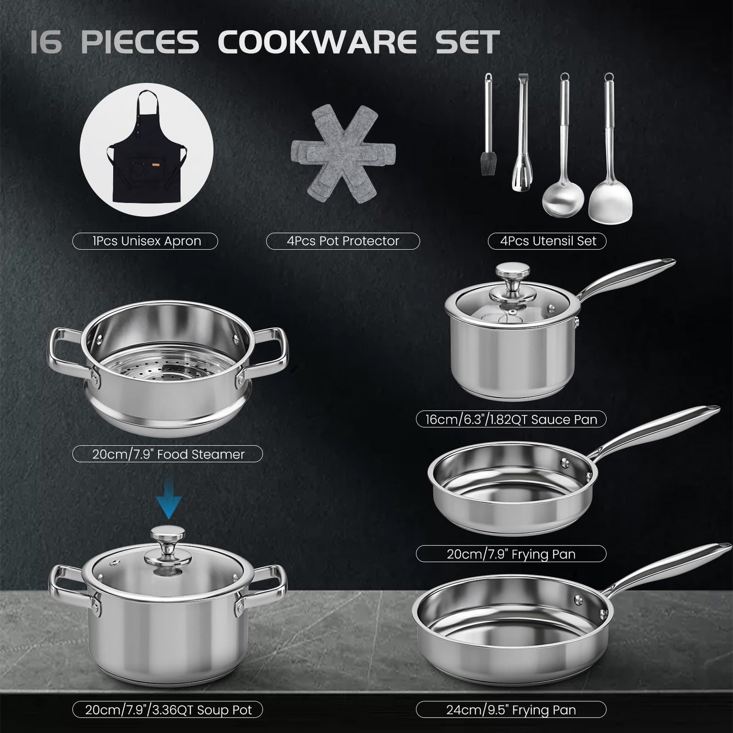 Meythway πππππ Pots and Pans Set Non Toxic, 16PCs Stainless Steel Cookware Set with Steamer, Kitchen Induction Cookware with Utensil Sets, Pot Protectors and Apron For Oven & Dishwasher Safe