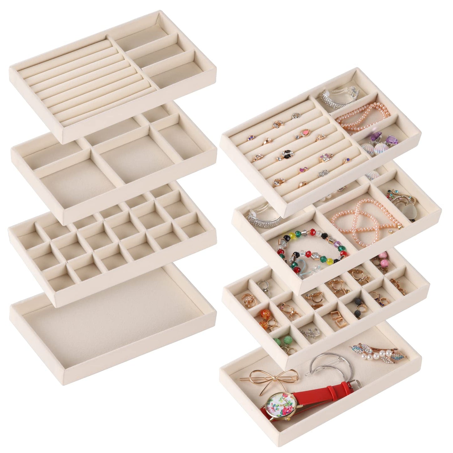 CDBOVID Set of 8 Stackable Jewelry Organizer Stackable Trays,Jewelry Drawer Inserts Container Display Case Storage for Earring Necklace Rings Bracelet Watch with Removable Dividers-Beige