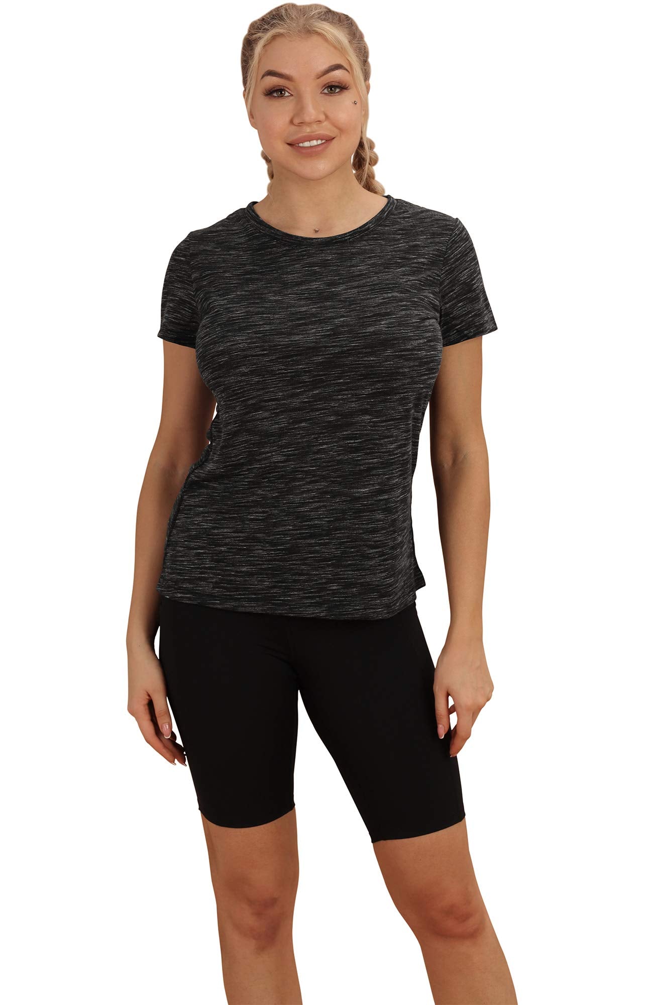 icyzone Workout Shirts for Women - Yoga Tops Gym Clothes Running Exercise Athletic T-Shirts for Women (Black/Navy, S)