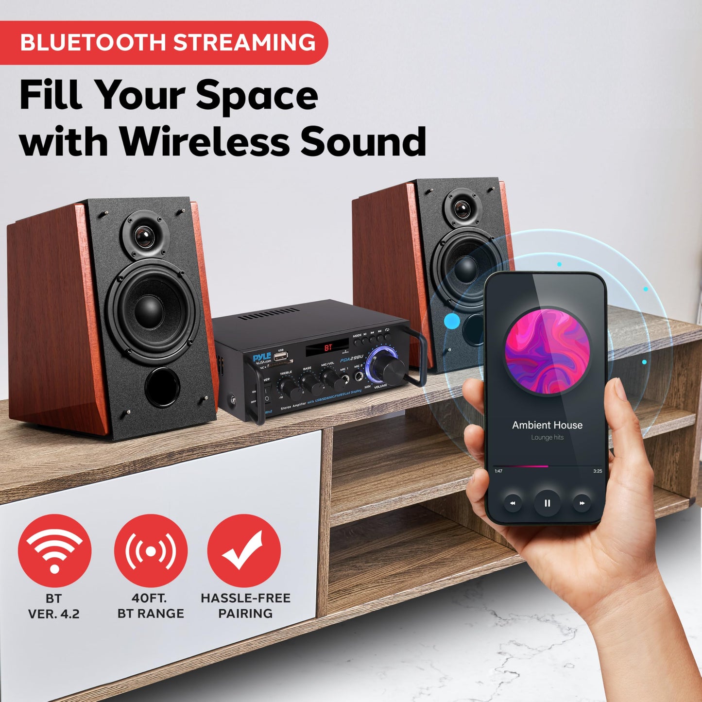 Pyle 200W Stereo Power Amplifier with Bluetooth - Dual Channel Audio Receiver - LED Display - RCA - USB - SD - MIC IN - FM Radio - AUX Input - Perfect for Home & Computer Audio - PDA29BU.5