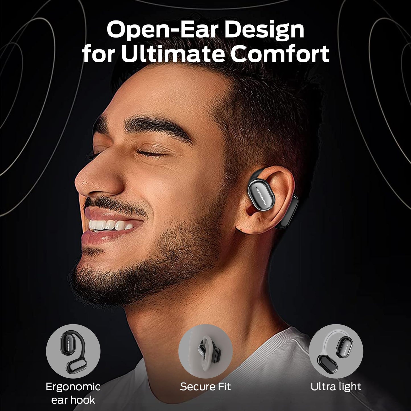 Monster Open Free AC100 Open Ear Headphones, Bluetooth 5.3 Wireless Headphones with Earhooks, Immersive Stereo Sound by Dual Large Driver, Clear Talk, 30H Playtime,Waterproof Sport Earbuds for Running