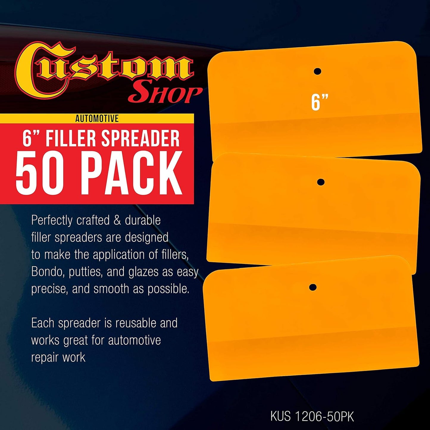 Custom Shop 6 Inch Plastic Body Filler Spreader Tools for Automotive Body Fillers (50 Pack), Putties, Glazes, Epoxy Resin, Caulk, Glues - Plastic Spreader Tool