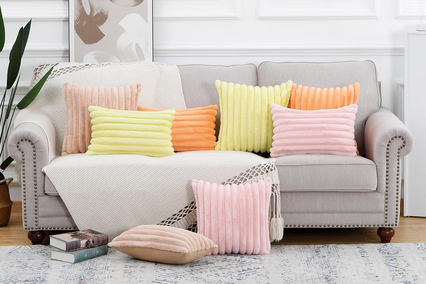 MADIZZ Set of 2 Faux Wool Plush Decorative Throw Pillow Covers 22x22 Inch Pink Fluffy Striped Soft Decorative Cushion Cover for Sofa Bedroom Pillow Shell