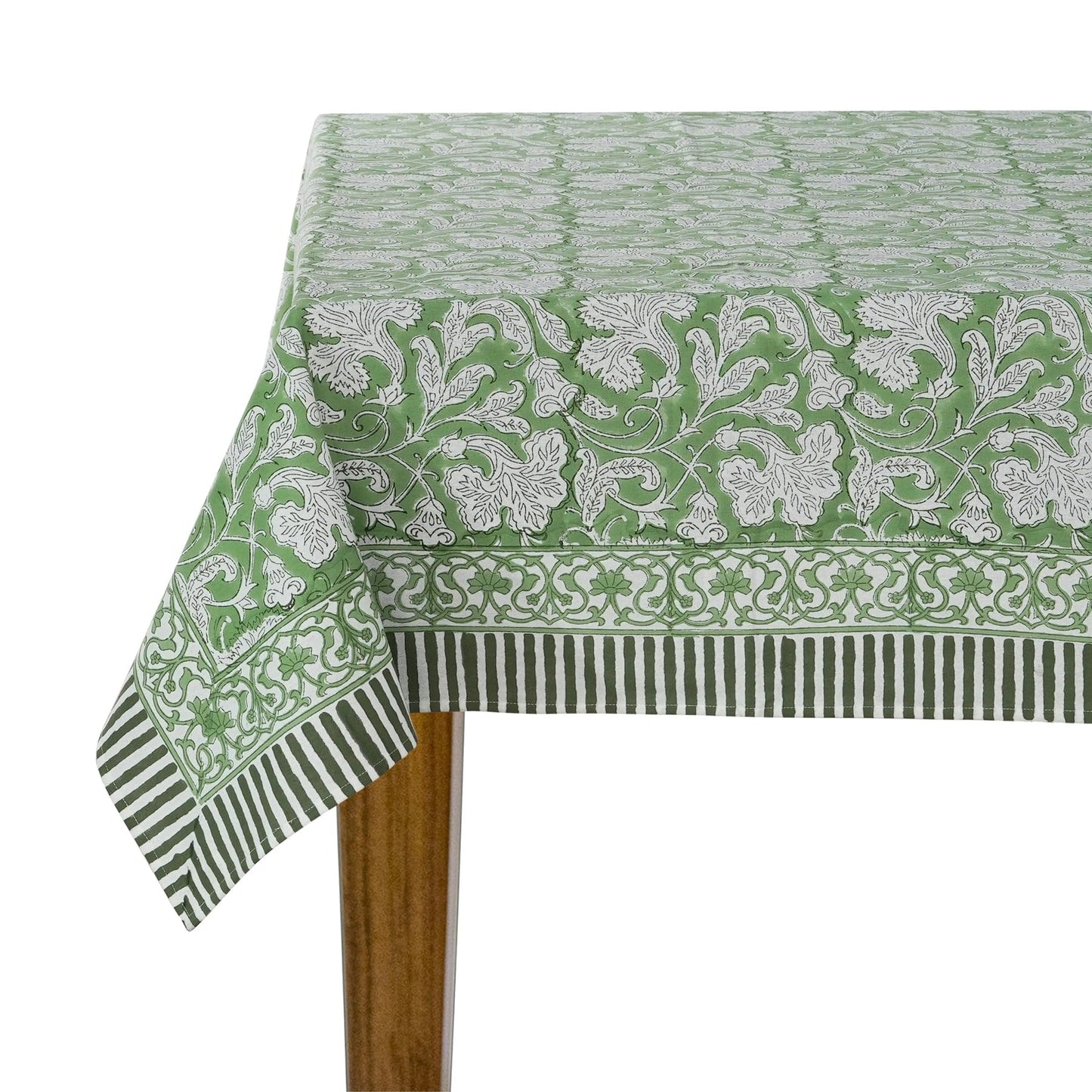 Ridhi Sage Green 100% Cotton Summer Fall Rectangle Tablecloth Hand Block Print Print Washable Reusable Table Cover Farmhouse Parties Buffet Dining Weddings Country French Easter Spring 70 x 118