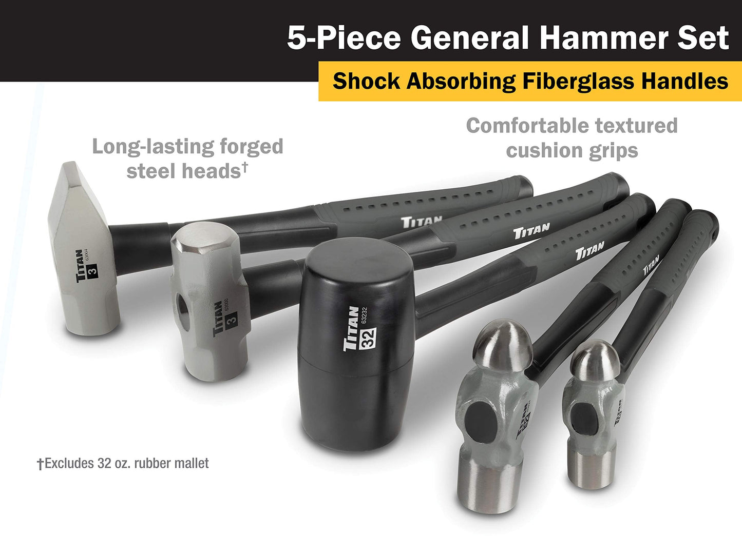 Titan 63125 5-Piece Hammer Set - 16oz & 32oz Ball Pein Hammer, 32oz Rubber Mallet, 3lb Sledge Hammer, & 3lb Cross Pein Hammer