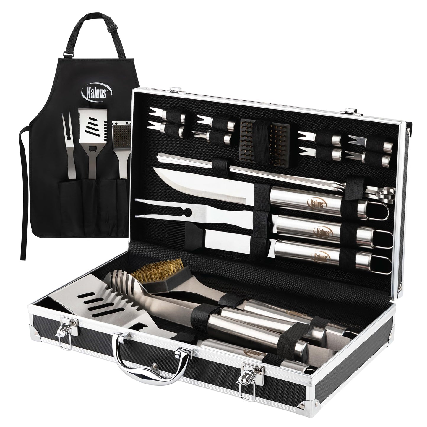 Kaluns Grilling Accessories, Dad Gifts for Fathers Day Grilling Gifts, Heavy Duty Stainless Steel BBQ Grill Tools Set for Outdoor Grill with Aluminum Case and Apron, Dad Birthday Gifts for Men Husband
