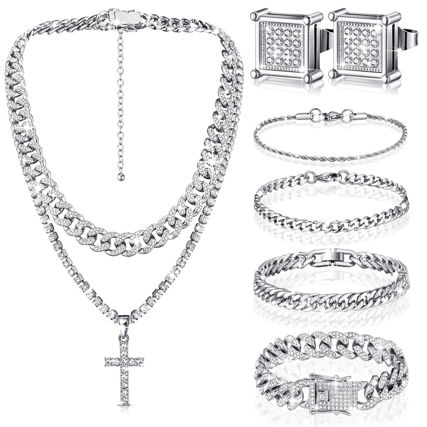 Yinkin 6 Pcs Hip Hop Jewelry Set for Men Rhinestone Link Chain Bracelet Earrings Tennis Diamond Jewelry Set for Men Gift (Silver)