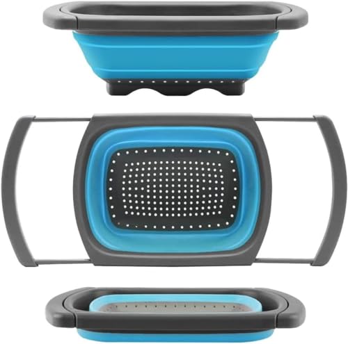 Collapsible Colander Strainer with Extendable Handles - Over the Sink Vegetable/Fruit Colanders Strainers for Kitchen, Capacity of 6 quart (Blue)