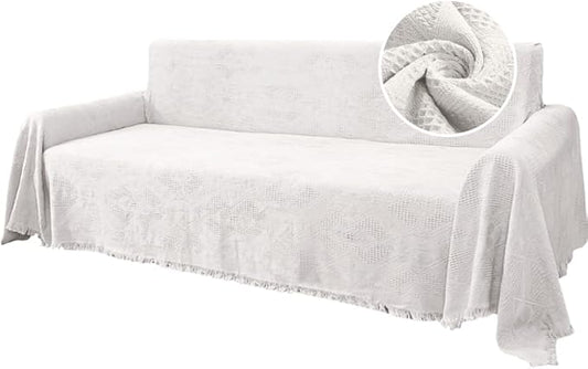 H.VERSAILTEX Cotton Sofa Covers Couch Cover Sofa Slipcover for Most Shape Sofas, Feature Thick Woven Jacquard Seamless with Tassels, Multi-Use Decorative for Couch (XX-Large: 91" x 134", White)