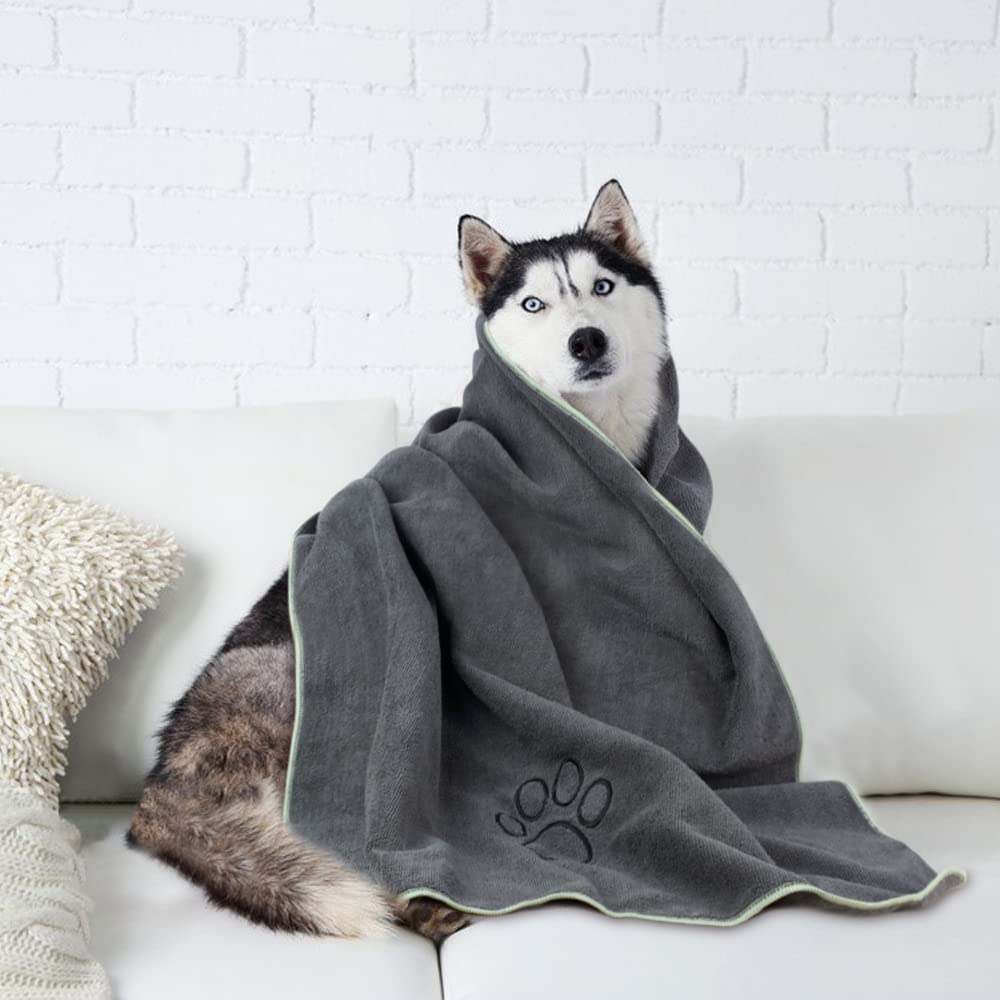 KinHwa Dog Towel Super Absorbent Microfiber Dog Drying Towel Soft Pet Bath Towel for All Dogs and Cats with Embroidered Paw Print 30inch x 50inch Gray