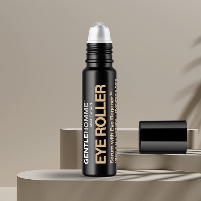 Hyaluronic Acid & Caffeine Eye Roller Serum for Men with Vitamin C – Made in USA – Depuffing Eye Roller Ball for Dark Circles & Puffiness – Mens Day & Night Anti-Aging Under Eye Serum Roller – 10ml
