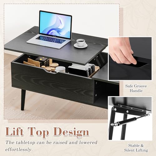 OLIXIS Wooden Coffee Table, Lift Top Coffee Table with Large Hidden Compartment and Ample Storage Shelf, Lift Tabletop Dining Table for Living Room, Home Small Space, Charcoal
