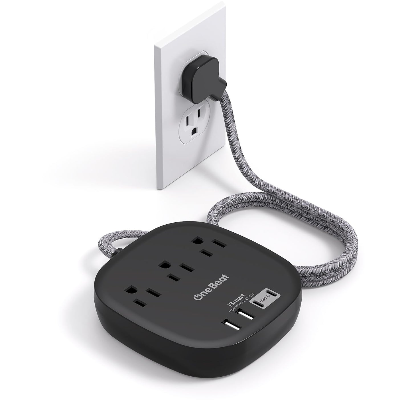 One Beat Flat Plug Power Strip, 5ft Flat Extension Cord, 3 Outlets 4 USB Ports (2 USB C) 22.5W/4.5A Desktop Charging Station Cruise Ship Power Strip No Surge Protection, Dorm Room Travel Essentials