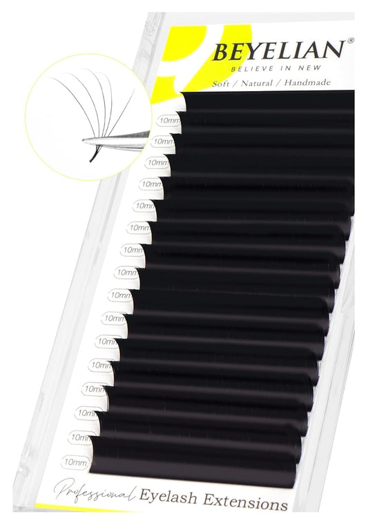 BEYELIAN Classic Volume Lash Extensions, C D D+ Curl 7-15mm 0.03-0.20mm Thickness Matte Black Semi Permanent Volume Eyelash Extensions Professional Salon Use (0.15 D+ 10mm)