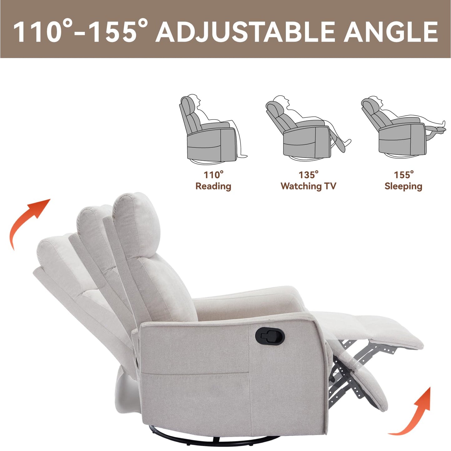 MYEYPEL 360°Swivel in Fabric Reclining Chairs,Heat Massage Manual Recliner Chair,Small Recliners Spaces,Single Lazyboy Recliner Sofa for Living Room,RV,Bedroom,Beige
