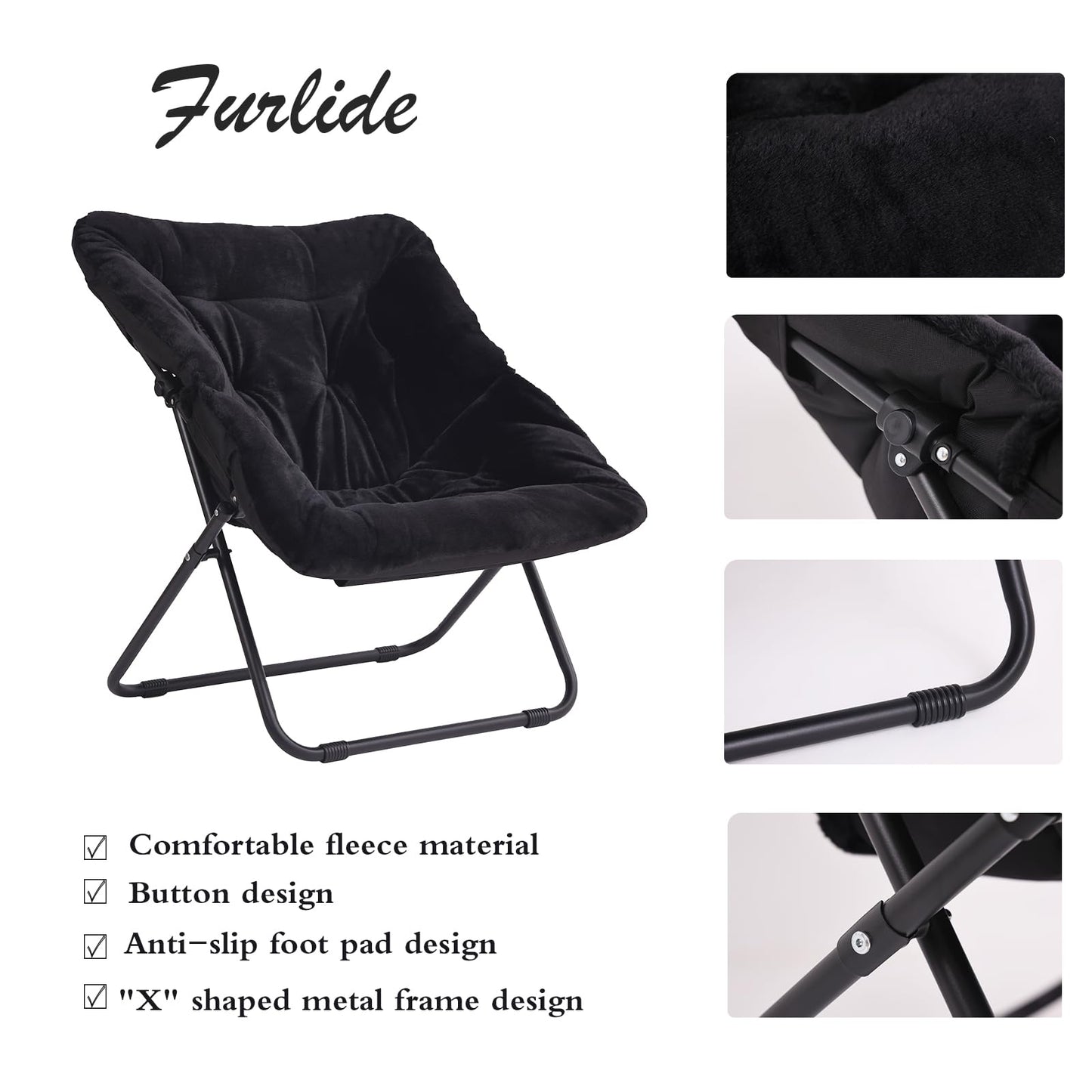Furlide Oversized Folding Faux Fur Chair with Ottoman, X-Large Soft Saucer Chair, Foldable Metal Frame for Bedroom, Living Room, Balcony (Black)