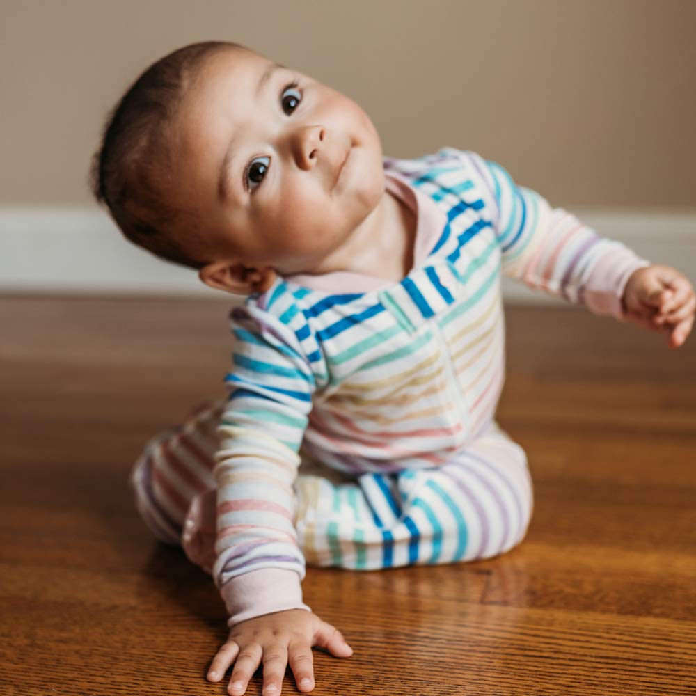 HonestBaby Baby Girls Play Footed Pajamas One-piece Jumpsuit Zip-front Pjs 100% Organic Cotton For And Toddler Sleepers, Rainbow Stripe, 3-6 Months US