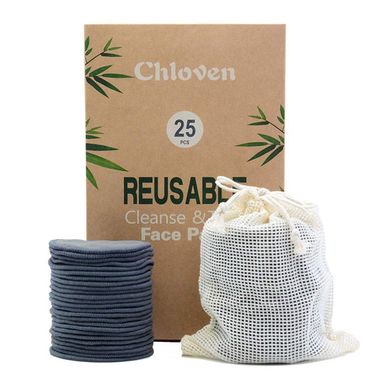 Chloven Reusable Makeup Remover Pads 24 Pack - Washable Eco-Friendly Bamboo Velour Pads for All Skin Types,Bamboo Reusable Cotton Rounds for Toner, with Cotton Laundry Bag and Round Box for Storage
