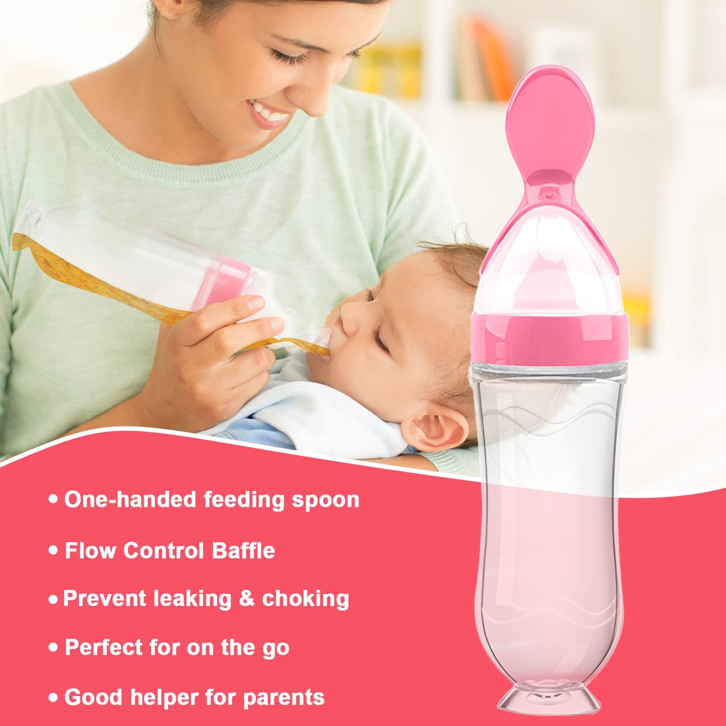 Food Feeder Baby Fruit Feeder Pacifier (3 Pcs) with 6 Different Sized Silicone Pacifiers 2 PCS Silicone Baby Food Dispensing Spoon 90ML with Infants Spoons Pacifier Clip Infant Fruit Teething Toy-Pink