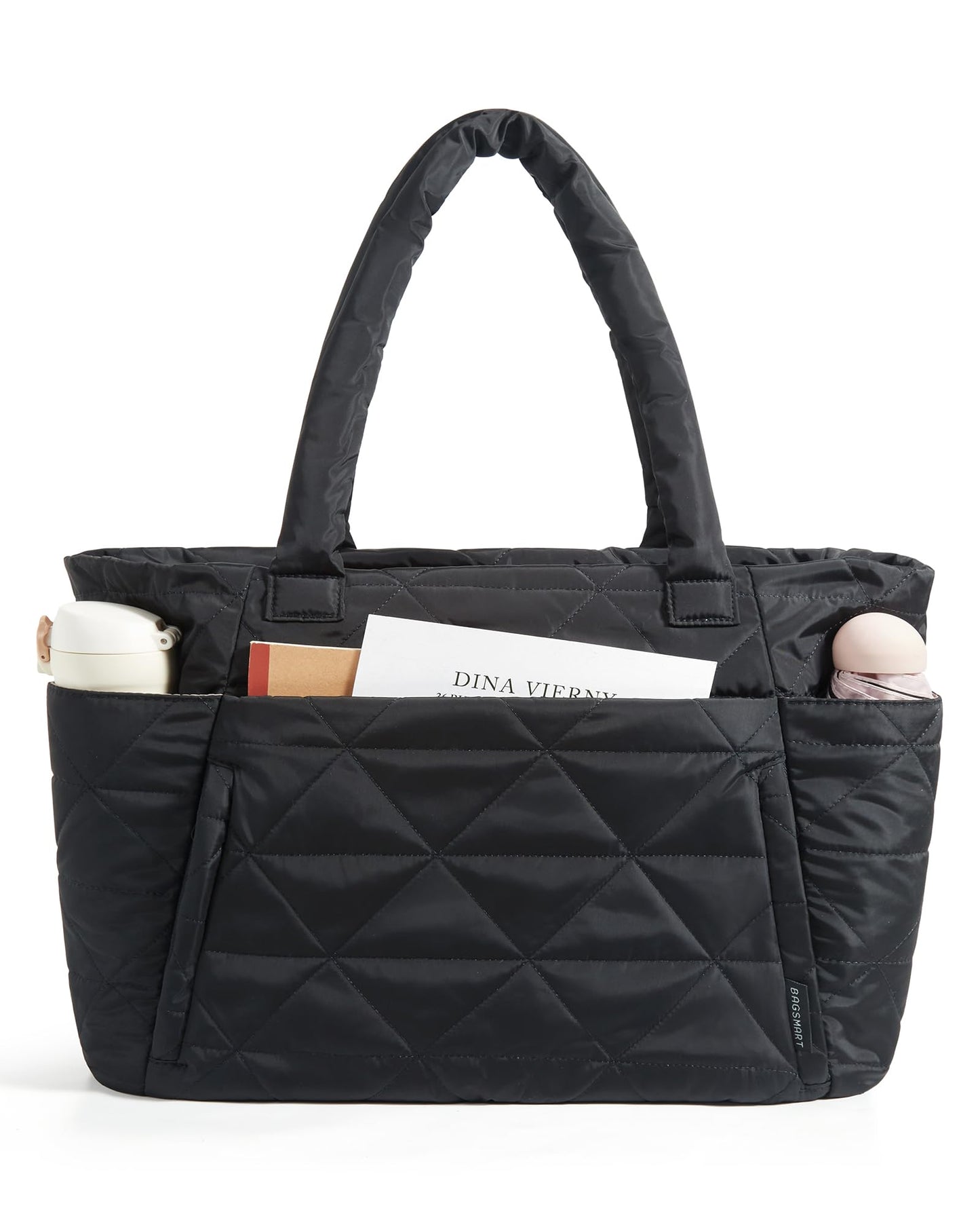 BAGSMART Tote Bag for Women, Puffy Tote Bag with Zipper, Large Quilted Shoulder Bag with Compartments for Travel, Work, Gym (Black)