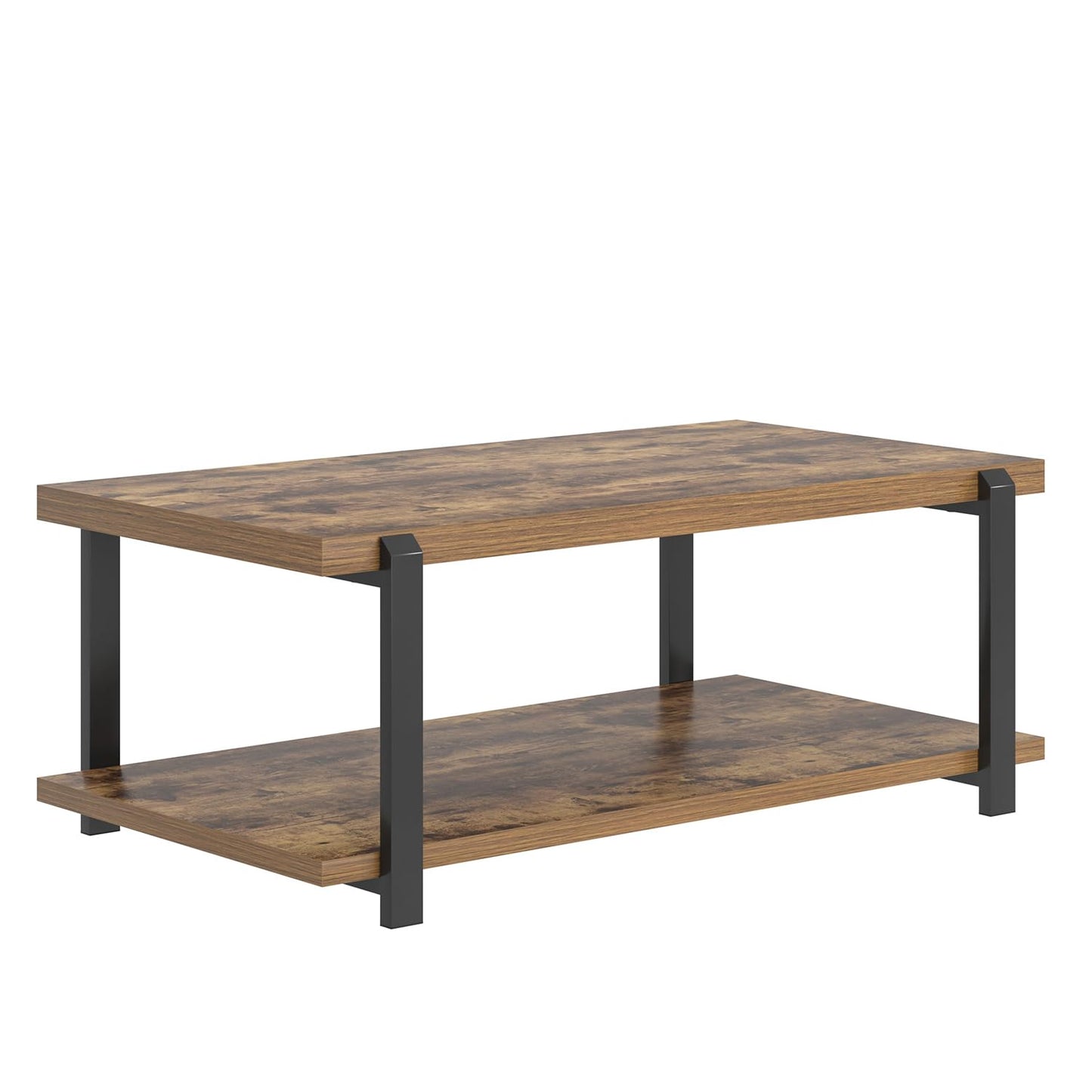 FOLUBAN Modern Coffee Table, Rustic Wood Center Table with Storage for Living Room, Industrial Rectangle 2 Tier Low Cocktail Tea Table, Rustic Brown