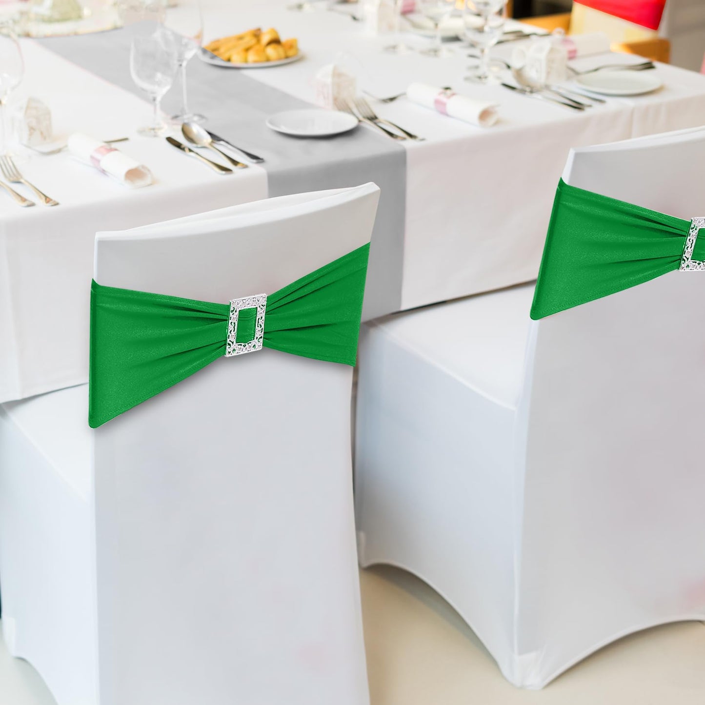 Joccun 60 PCS Spandex Chair Sashes Bows Stretch Chair Cover Band with Buckle Slider Universal Elastic Chair Ties for Wedding Banquet Party Event Decoration (EmeraId)