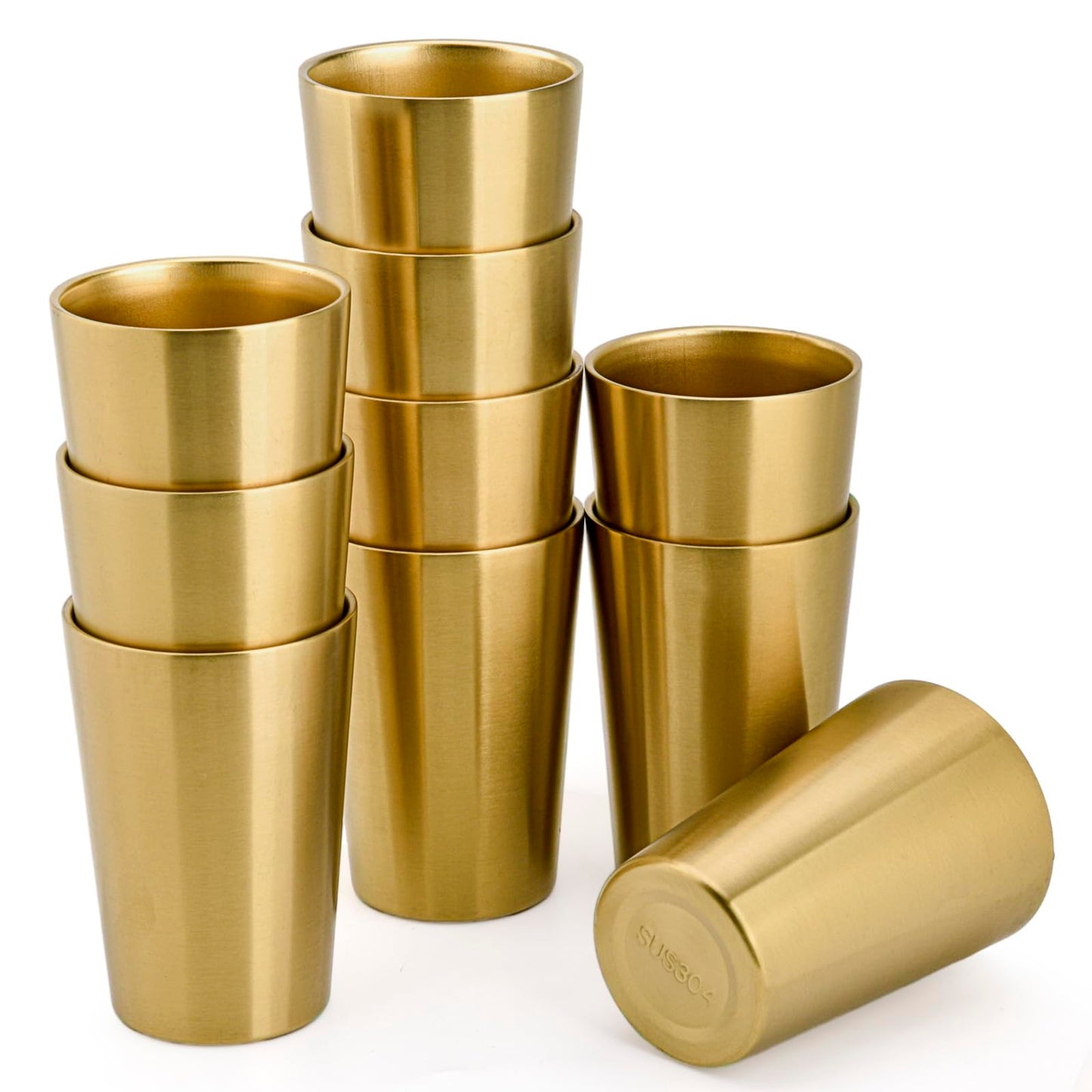HOEGMST 10 Pack 12 oz Stainless Steel Insulated Cup, Double Wall Vacuum Small Metal Cup, Reusable Camping Cups Unbreakable Indoor Outdoor for Party, Home, Office, BBQ, Gold