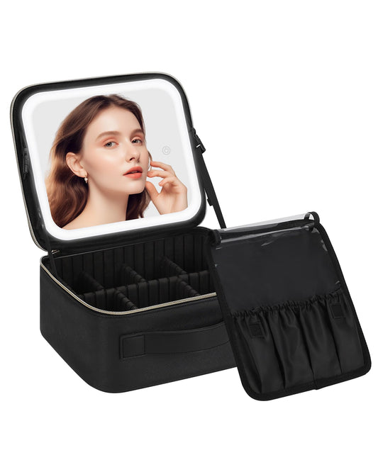 Chomeiu Makeup Bag with LED Mirror, Travel Makeup Case for Women and Makeup Artists Cosmetic Organizer Large Make Up Bags with Light Up Mirror, 3 Color Lights, Adjustable Dividers and Brush Holder