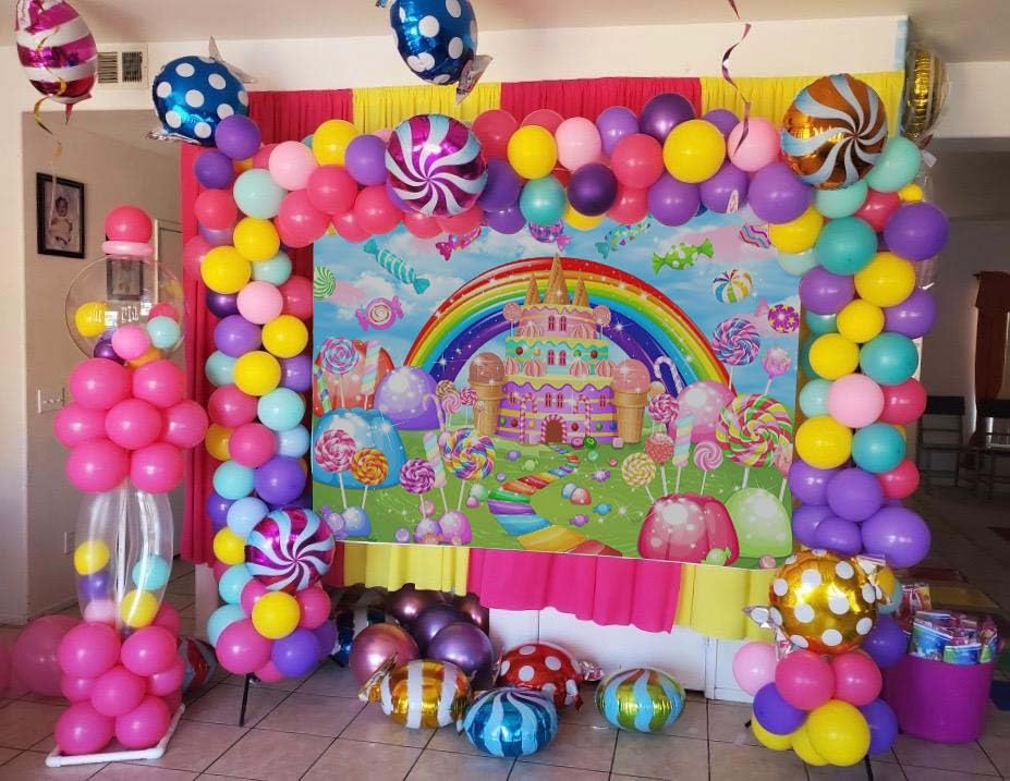 Mocsicka Sweet Candyland Backdrop Lollipop Sweetest Candy Theme Birthday Party Decoration for Girl Candy Ice Cream Castle Rainbow Party Banner Sweetest Day Wall Decorations(82''x60'')