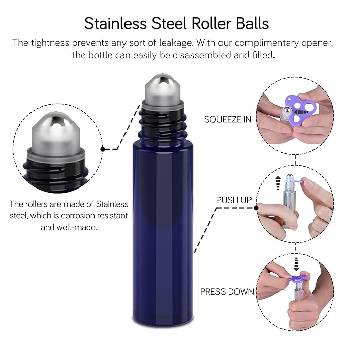 PrettyCare Roller Bottles For Oils 10 ml (Blue Glass, 24 Pack, 2 Extra Stainless Steel Balls, 2 droppers, 1 small brush, 24 Labels, 1 Opener, 1 Funnels Essential Oil Roller Bottles, Roller on Bottles