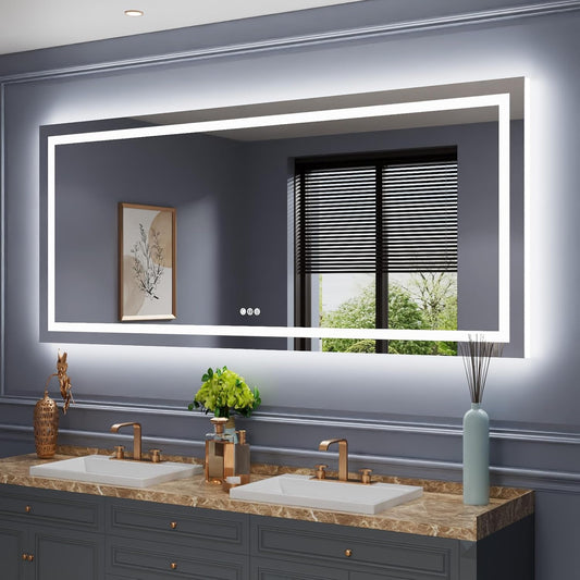 Amorho LED Bathroom Mirror Large 88" X38" with Front Light and Backlit, Stepless Dimmable Wall Mirrors with Anti-Fog, Shatter-Proof, Memory, 3 Colors, Double LED Vanity Mirror