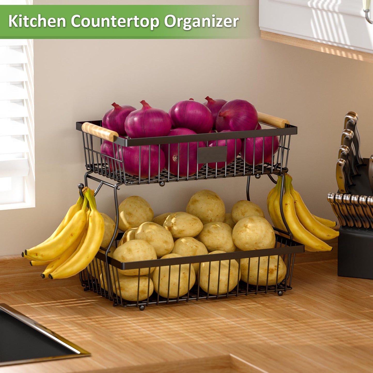 Astrorhine 2 Tier Fruit Basket for Kitchen with 2 Banana Hangers, Detachable Metal Fruit Bowl for Kitchen Counter with Wooden Handle, Large Capacity Storage Stand for Bread Snack Fruit Veggies, Black