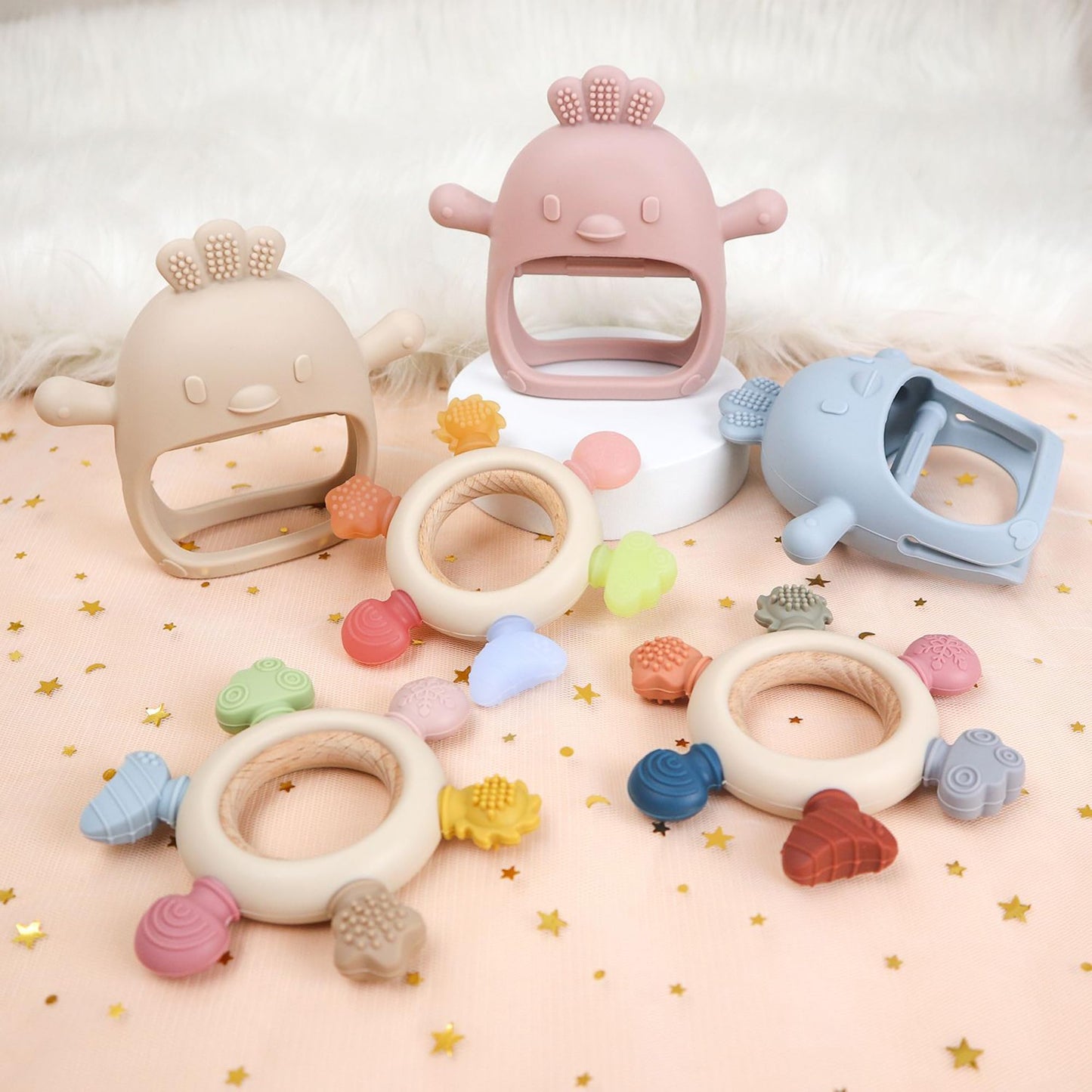 Baby Teething Toys by Komfy LilLove, No Drop Teether and Ring Teether for Baby Teething Relief, Non-Toxic Infant Toys 0-6 6-12 Months, CPC Certified Teething Mitten, Baby teether Toys – 2 Pack