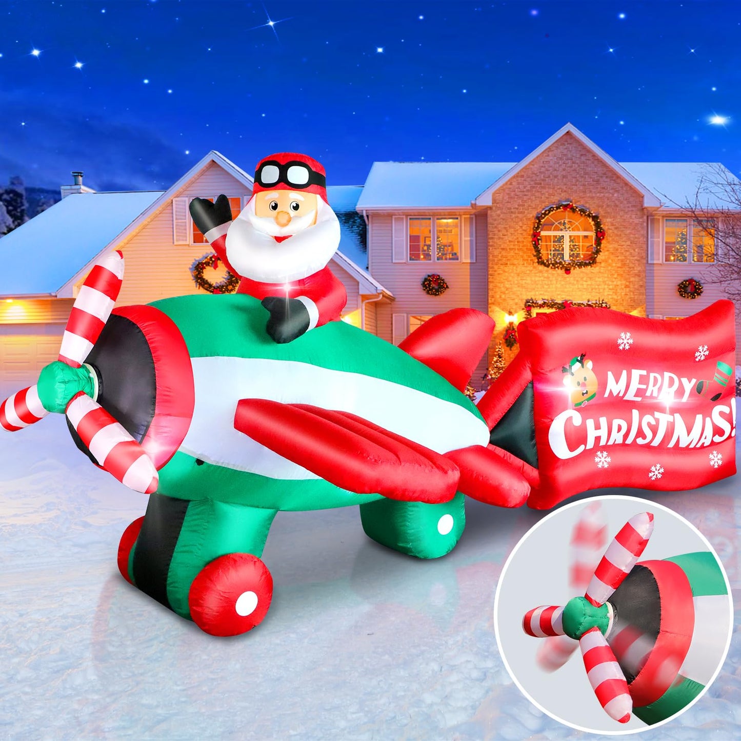 10.5 FT Christmas Inflatables Santa Claus on Animated Helicopter, Blow Up Santa Flying Airplane with Wishes, Giant Lighted Inflatable Outdoor Decorations for Xmas Yard Holiday Party Garden Lawn Decor
