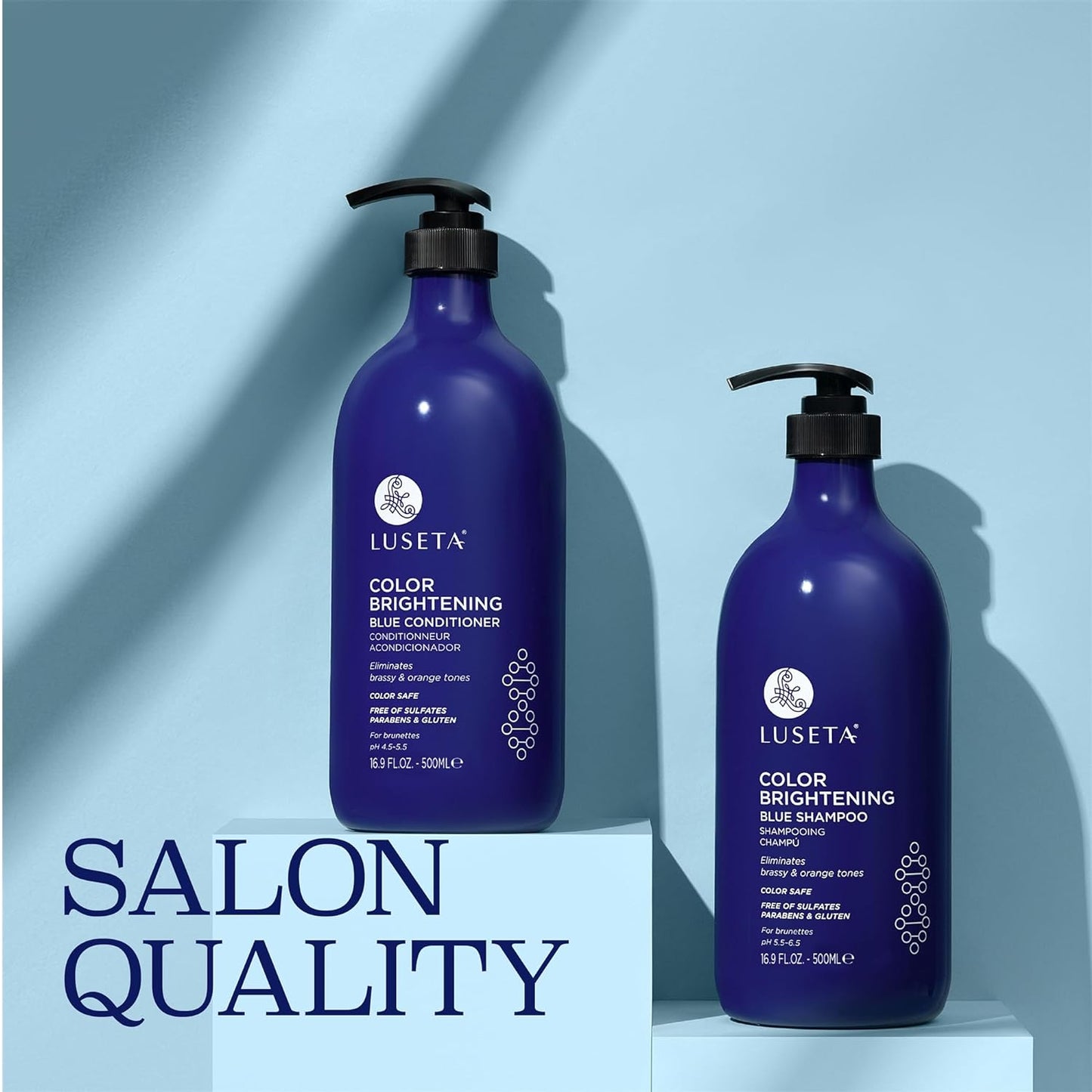 Luseta Blue Shampoo & Conditioner Set - Color Brightening for Brassy and Brunette Treated Hair, Revive Cool Tones, 2x 16.9oz