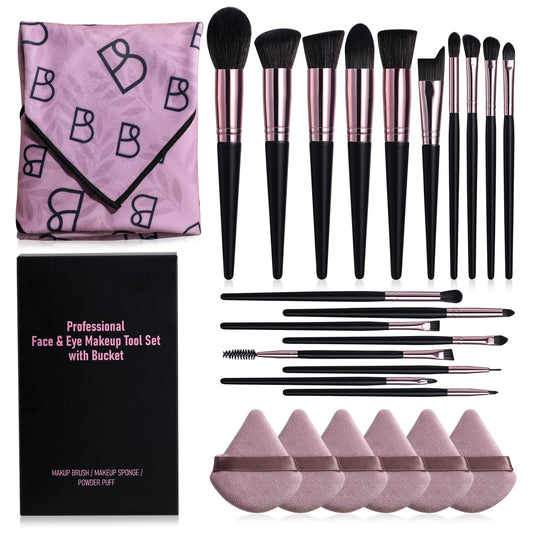 BS-MALL Makeup Brushes Set 25 Pcs with Triangle Puff – Travel-Friendly Magic Tape Storage Bag for Brush Organization