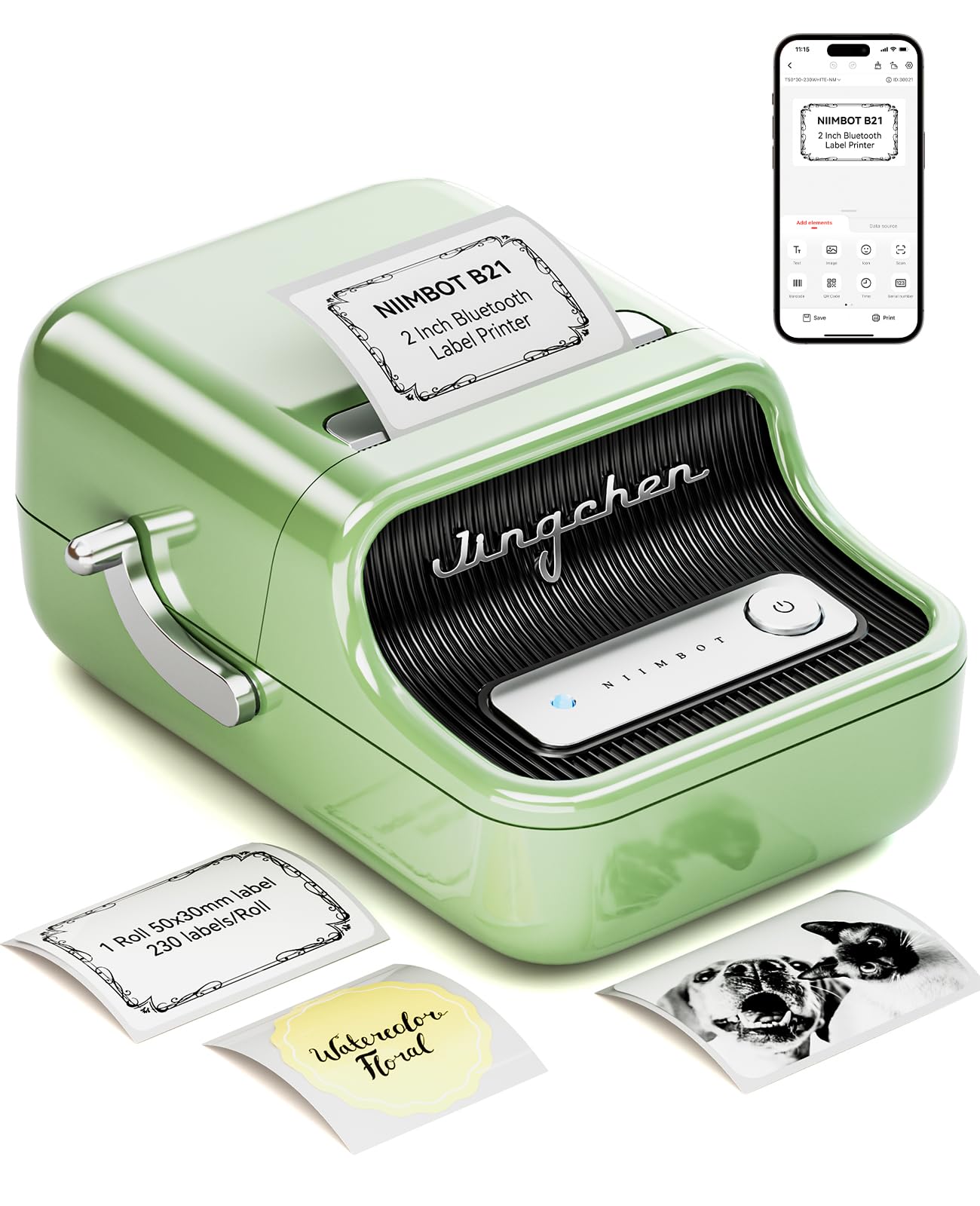 NIIMBOT B21 Label Maker Inkless Bluetooth Label Printer, 2 Inch Portable Thermal Sticker Machine for Small Business, Address, Logo, Clothing, Mailing, Candles, Jewelry, Sticker Printer for Gift, Green