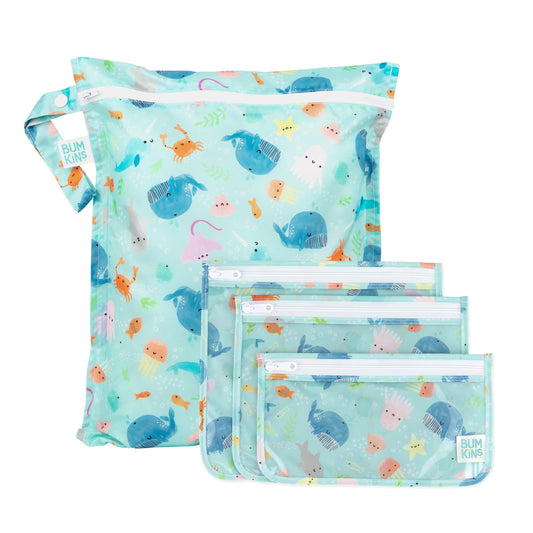 Bumkins - Waterproof Wet Bag & Clear Travel Bags - For Beach, Baby, Travel, Swim Suit, Cloth Diapers, Pump Parts, Pool, Gym, Toiletries - Reusable & Easy to Clean - Ocean Life Blue - 4 Pack