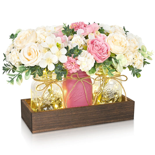 BLEUM CADE Centerpiece Table Decorations - 3Pcs Roses Artificial Flowers in Mason Jars with Wood Tray for Dining Table Coffee Table Farmhouse Home Decor