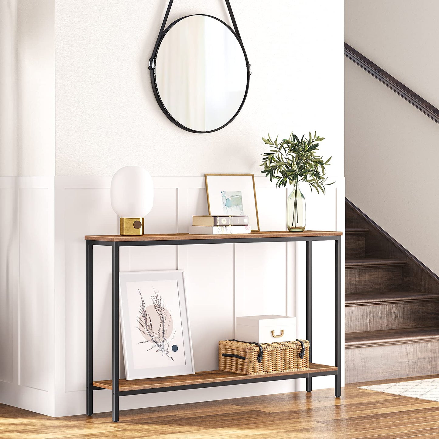 HOOBRO Console Table, 47.2" Narrow Entryway Table, Industrial Sofa Table with Shelf, Entrance Table for Living Room, Hallway, Foyer, Corridor, Office, Metal Frame, Rustic Brown and Black BF20XG01G1