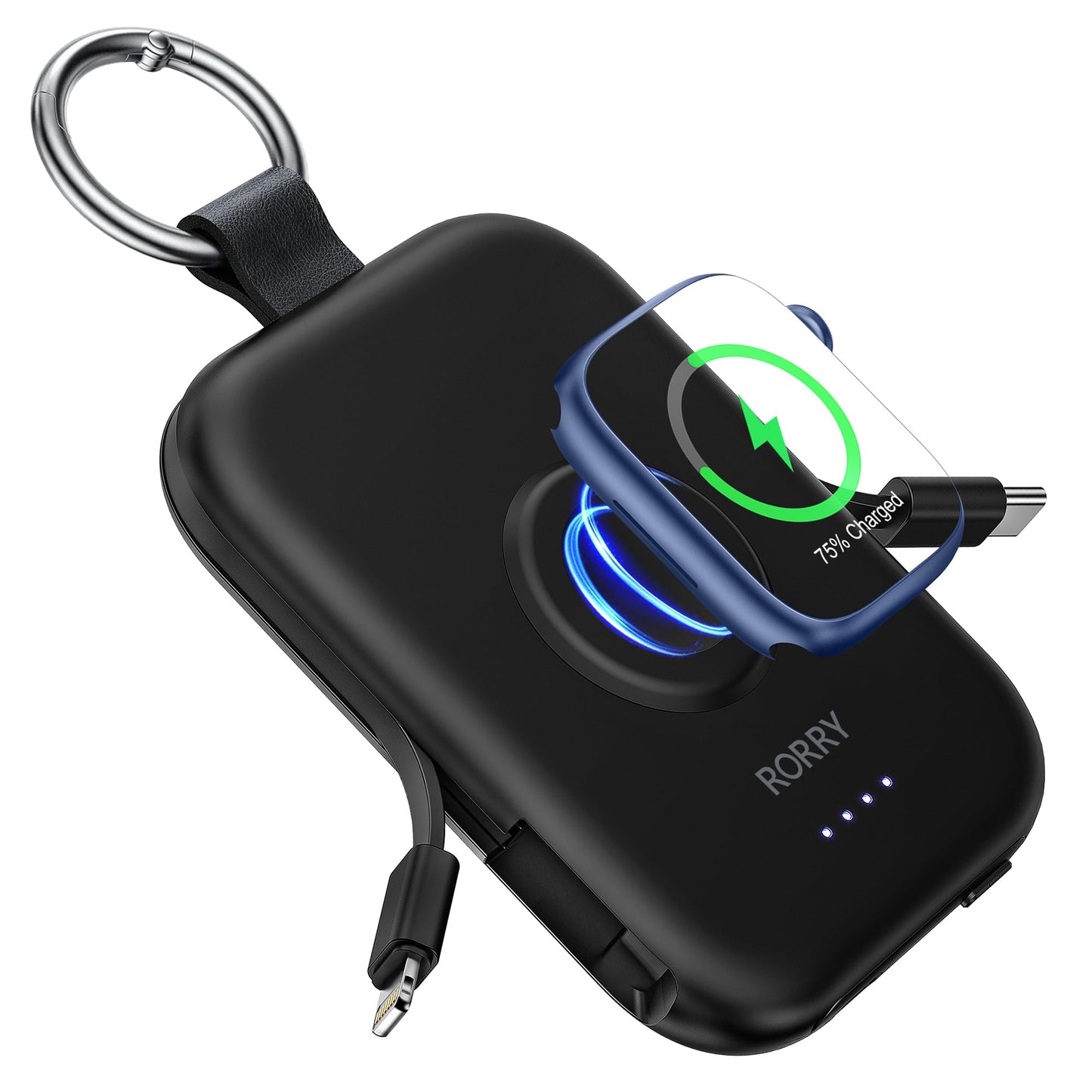 RORRY Portable Charger, 5000mAh Portable Charger Power Bank with Built-in Cables, Travel Keychain Battery Pack for Apple Watch Ultra 2/10/9/8/Ultra/7/6/SE/5, iPhone 16/15/14/13/12, Pink