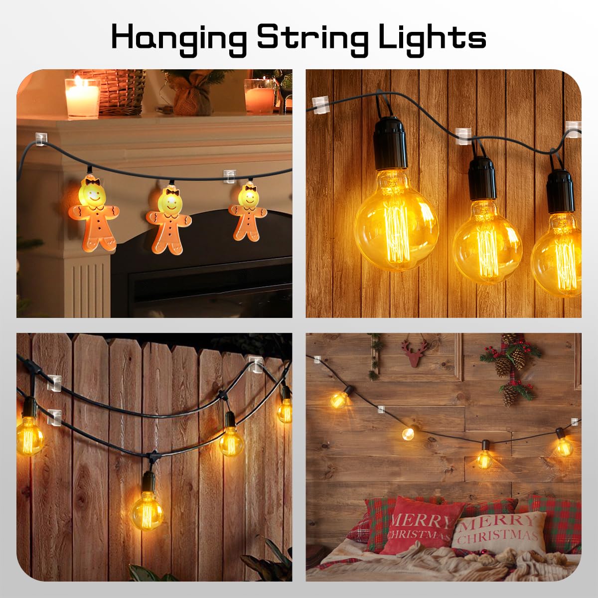 KGROTE 60Pcs Christmas Light Clips, Hooks for Outdoor String Lights Clips, Adhesive Cord Organizer Hooks, Sticky Wire Holder for Hanging Christmas Lights, Wall Cable, Fairy Lights (Clear, Small)